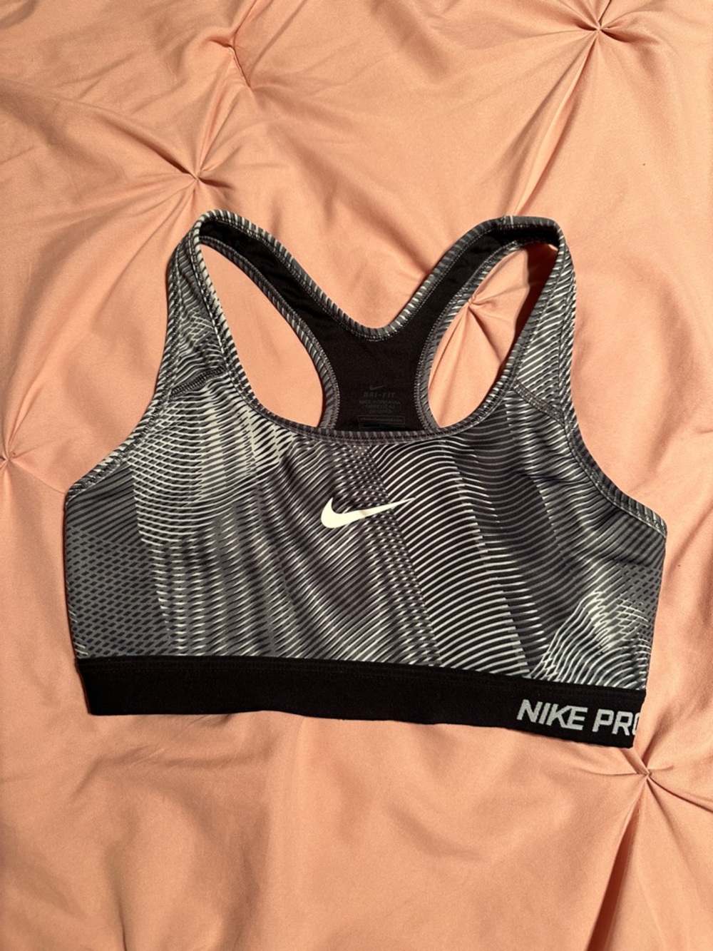 Nike Black, White, and Grey Patterned Pro Sports Bra